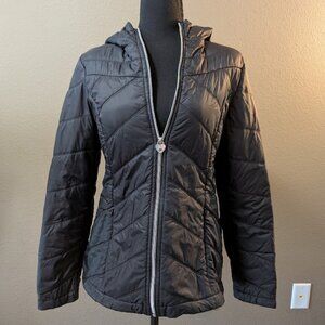 GUESS Lightweight Quilted Hooded Puffer Jacket - Heart ZipperPull - BLACK Size S